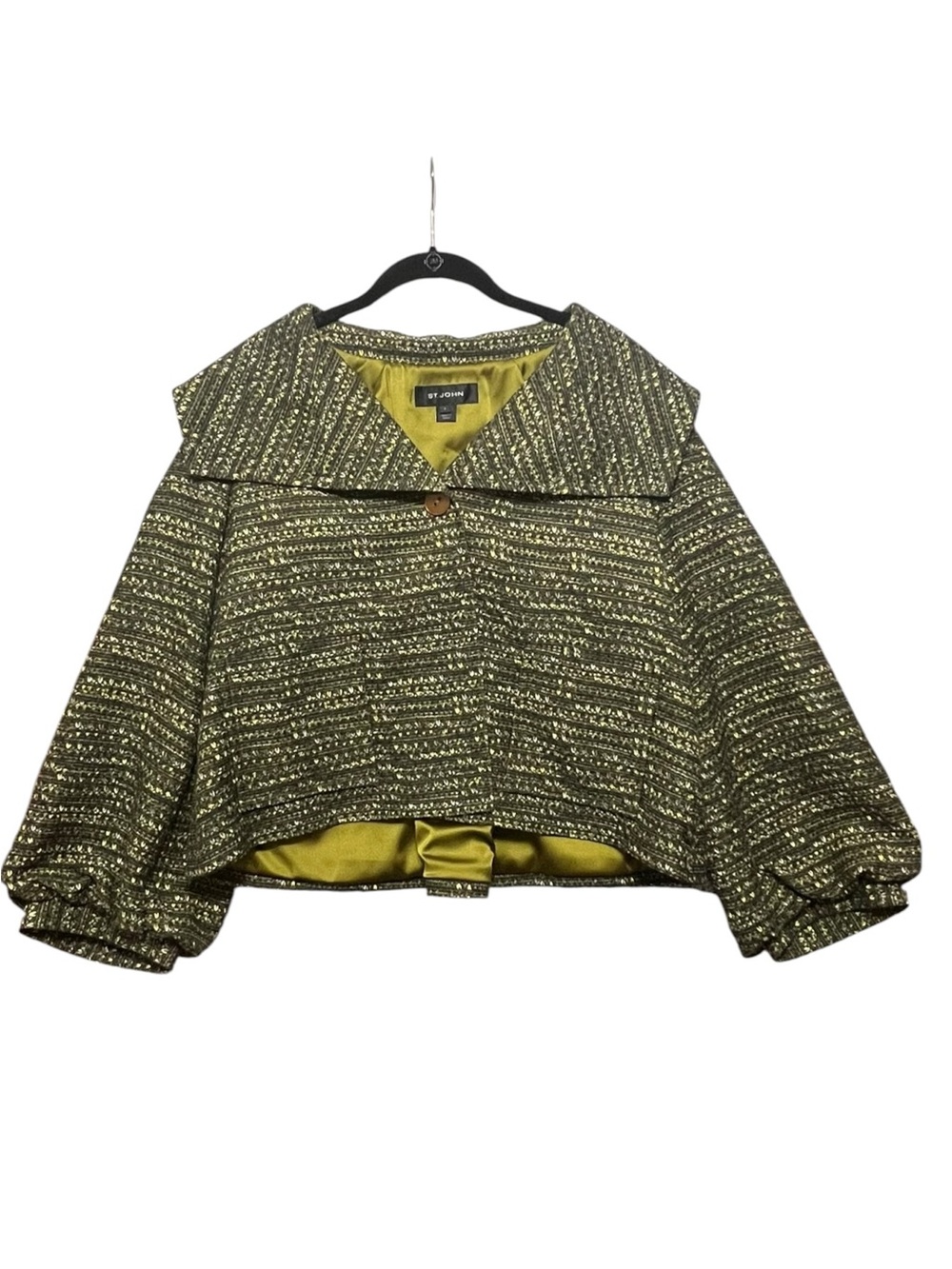 Quiet Luxury St. John Tweed Knit Old Money Green Balloon Sleeve Crop Jacket Sz 8
